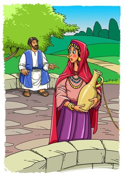 Jesus talking to the Samaritan woman at the well