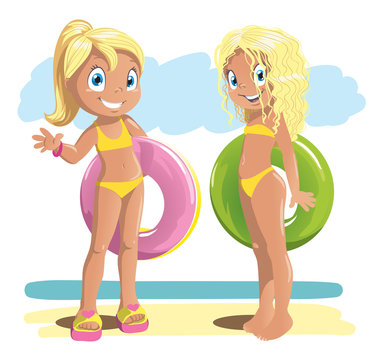 Two cute pretty little girls with swimming circles. Cartoon vector illustration