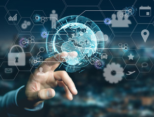 International business network connection displayed on a futuristic interface with technology icon and sphere globe - Worldwide business concept