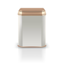 Vector 3d mockup. Silver square empty tin packaging with golden 