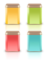 Vector 3d mockup. Collection of color square empty tin packaging