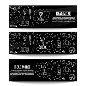 Back to school. Horizontal banners with hand drawn doodles. Vector illustration