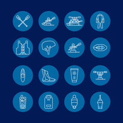 Rafting, kayaking flat line icons. Vector illustration of water sport equipment - river raft, kayak, canoe, paddles, life vest. Linear signs set, summer recreation pictograms for paddling gear store.