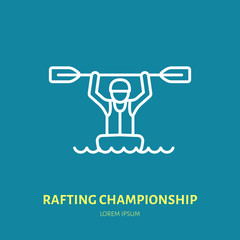 Rafting, kayaking flat line icon. Vector illustration of water sport - happy rafter with paddle in river boat. Linear sign, summer recreation pictograms for paddling gear store.