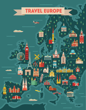 Europe travel map poster. Travel and tourism background. Vector illustration