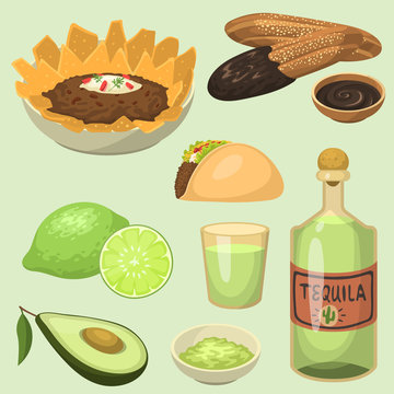 Mexican traditional food meal plates isolated lunch sauce mexico cuisine vector illustration