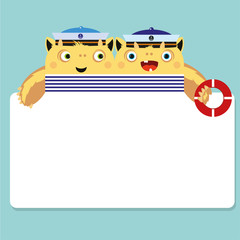 Yellow monster. Twins sailors. Cute illustration for kids. Place for text.