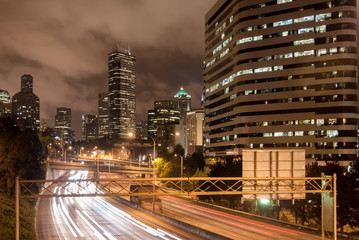 Fototapeta na wymiar Long exposure of traffic on Interstate 5 in Seattle, USA
