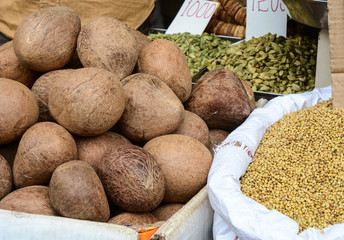 Selling nuts and dried fruits at a bazaar in India