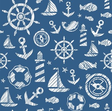 Nautical background, seamless, dark blue, vector. The attributes of a sea voyage on a dark blue background. White pictures drawn with diagonal hatching. Vector pattern. 