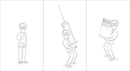 A set of little doctors. Stages of treatment. vector illustration.