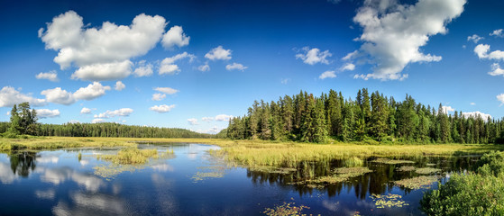 Blue mirror lake reflections of clouds and landscape. Ontario, Canada.