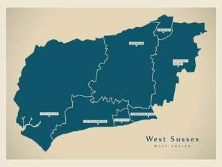 Modern Map - West Sussex county with cities and districts England UK illustration