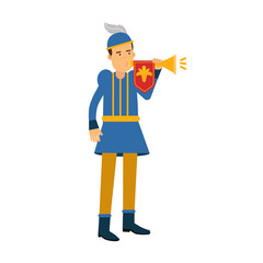Royal herald medieval character with trumpet, colorful vector Illustration