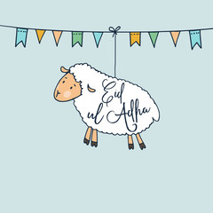 Eid-ul-Adha greeting card with hand drawn sheep and party flags. Muslim community festival of sacrifice. Vector illustration background, web banner.