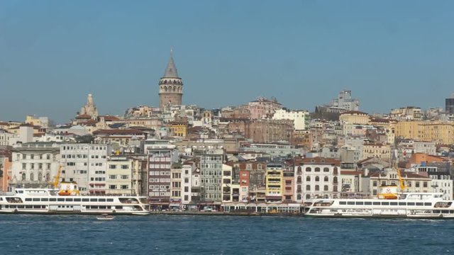 Panorama of Istanbul seafront. Istanbul Karakoy Harbor from the boat