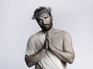 Fototapeta na wymiar Jesus Pilgrim with crown od thorns in studio
