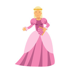 Beautiful blonde princess in a pink dress, fairytale or medieval character colorful vector Illustration