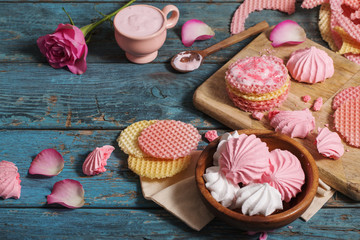 pink dessert on old dark wooden table