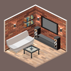 Living room interior . loft apartment with brick wall. © reenya