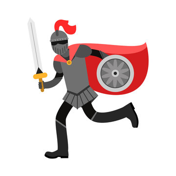 Medieval amed knight character in red cape, colorful vector Illustration