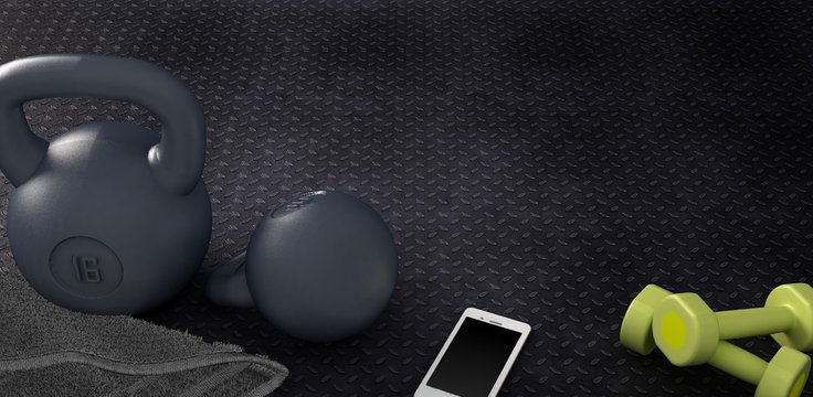 3D rendering of Fitness background with kettlebells and smartphone.