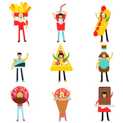People wearing fast food snacks costumes set, men and women advertising menu of restaurants and cafes colorful characters vector Illustrations