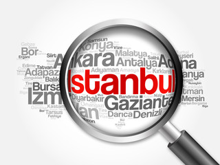 List of cities in Turkey word cloud with magnifying glass, business concept 3D illustration