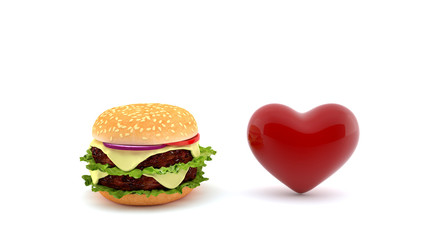 Hamburger and red heart on isolated. Fast food and heart health.