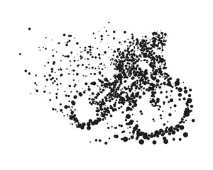 A cyclist rides a bicycle particle divergent silhouette.