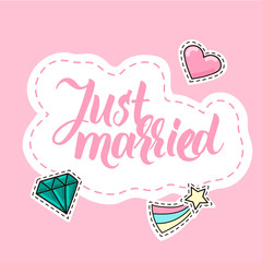 Just married modern calligraphy sticker with diamond, heart and star icons.