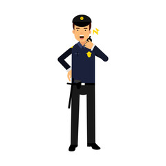 Police officer in a blue uniform talking on a radio, colorful character vector Illustration