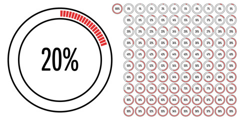 Set of circle percentage diagrams from 0 to 100 ready-to-use for web design, user interface (UI) or infographic - indicator with red