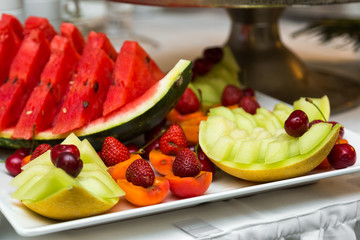 close up Heap of fresh fruits and vegetables on wedding table