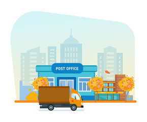 Exterior of post office, office building, autumn city street, transport.