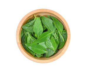 top view of asia sweet basil leaves in wooden bowl isolated on white background