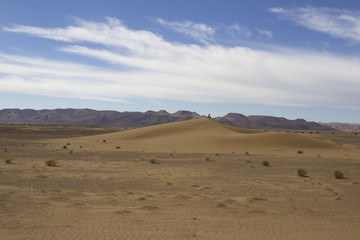 Fototapeta na wymiar Homme assis seul sur une dune dans le désert Sahara, Maroc