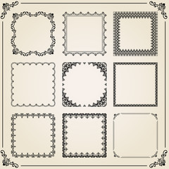 Vintage set of elements. Different square black elements for decoration and design frames, cards, menus, backgrounds and monograms. Classic patterns. Set of vintage patterns