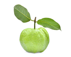 single fresh guava fruit with green leaf isolated on white background