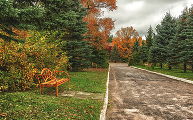 Lonely autumn landscape with benches and expensive.