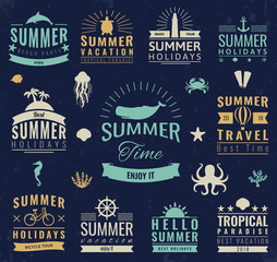 Fototapeta premium Summer labels, logos, tags and elements set for summer holiday, travel, beach party, vacation. Vector
