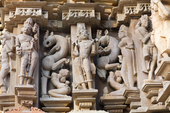 Ancient reliefs at famous temple in Khajuraho, India