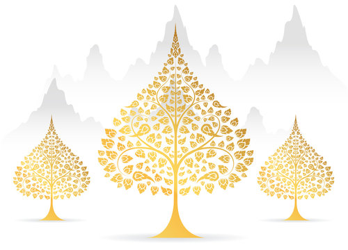 Bodhi tree and leaf gold color of thai tradition vector