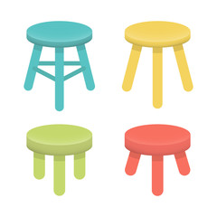 Different stool with three legs vector set. Colorful three legged stool isolated on white, illustration collection. Stool icons or design elements.