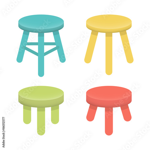 "Different stool with three legs vector set. Colorful three legged