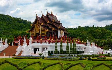 Ornate Thai architecture of Ho Kham Luang Pavilion at Royal Park Rajapruek in Chiang Mai, Thailand