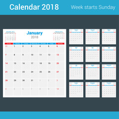 Vector calendar 2018. Week starts Sunday.