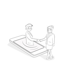 People shake hands. Conclusion of contracts through modern technologies. vector illustration.