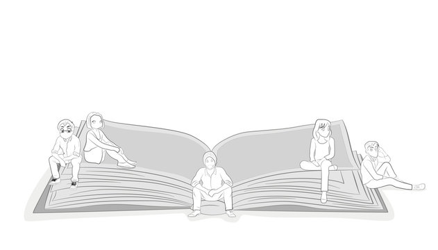 Little people are sitting on a book. vector illustration.