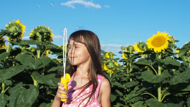 A child with soap bubbles on a field of sunflowers. A little girl blows soap bubbles.